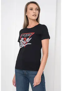 Tricou din bumbac cu imprimeu logo si aplicatie cu margele - Alb/Negru