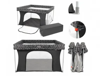 Tarc de joaca pentru copii Kidnort Snoen Dark Grey, pliabil, design modern si sigur, acces mare cu fermoar actionat din exterior, husa depozitare inclusa, dimensiune 126.5 x 74.5 cm