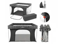 Tarc de joaca pentru copii Kidnort Snoen Dark Grey, pliabil, design modern si sigur, acces mare cu fermoar actionat din exterior, husa depozitare inclusa, dimensiune 126.5 x 74.5 cm