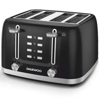 Prajitor de paine Daewoo DBT4160B, putere 1600 W, capacitate 4 felii, tavita de firimituri, functii: waffles, reincalzire, decongelare, anulare, control electronic rumenire, carcasa inox (Negru)