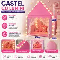 Cort de joaca pentru fetite cu lumini LED incluse, tip casa, cu ferestre, interior / exterior, 130 x 100 x 115 cm, Roz
