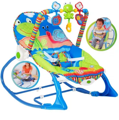 Balansoar multifunctional cu Muzica, Vibratii, bara detasabila cu 3 jucarii suspendate, Scaunel rabatabil in 2 pozitii, Husa detasabila, Blue