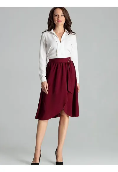 Fusta midi neagra - talie plisata - fermoar lateral ascuns - curea cu catarama aurie - poliester - Rosu