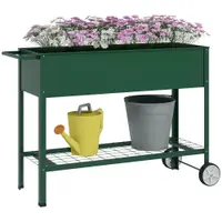 Outsunny Jardinieră Exterioară cu Raft Inferior pentru Unelte, Jardinieră Metalică cu 2 Roți și Mâner, 104x39x80 cm, Verde | Aosom Romania
