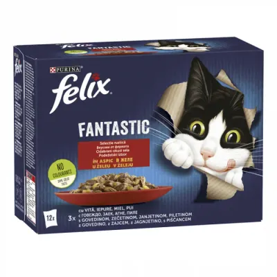 Set 12 buc x 85 gr Hrana umeda pentru pisici Felix Fantastic cu vita, iepure, miel pui