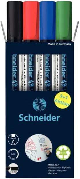 Set de markere Schneider Maxx - 293, pentru tablă albă și flipchart, 4 culori