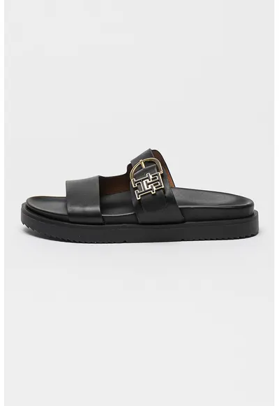 Papuci din piele cu model monograma - Negru