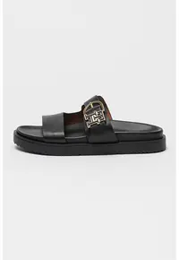 Papuci din piele cu model monograma - Negru