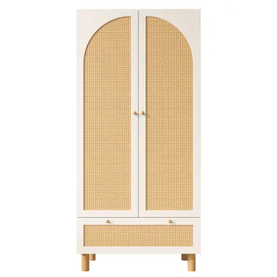 Dulap pentru haine cu 2 uși, front din ratan, sertar mare, rafturi reglabile pe înălțime și bară pentru haine, 180x85x52 cm, Alb
