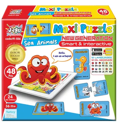 Puzzle vorbitor educațional Jagu - Animale marine, 48 de piese
