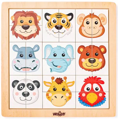 Puzzle din lemn Woody - Capetele animalelor preferate