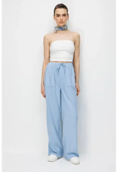 Pantaloni dama - talie inalta - albastru - bumbac-viscoza
