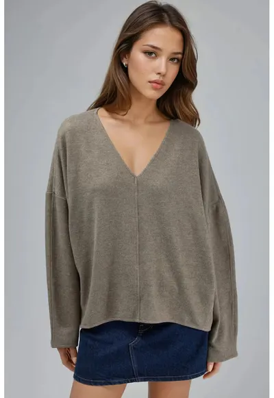 Bluza dama - Maro deschis - Jerseu - Decolteu in V