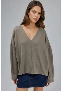 Bluza dama - Maro deschis - Jerseu - Decolteu in V