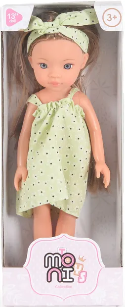 Păpuşă Moni Toys - Cu o rochie florală verde și o fustă, 33 cm
