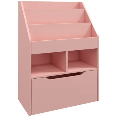HOMCOM Bibliotecă pentru Copii cu Rafturi, Sertar și Roți, Raft pentru Jucării și Cărți, 60x29.9x90 cm, Roz | Aosom Romania