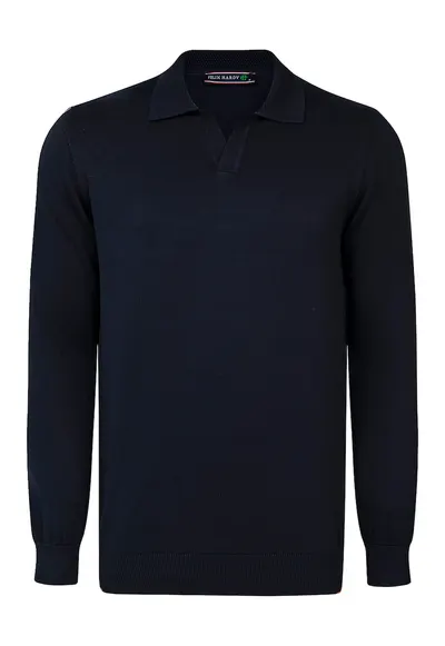 Pulover polo de bumbac cu model uni - Albastru ultramarin