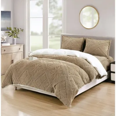 Lenjerie de Pat Dublu, CoCoLiNo Ultra Pufoasa, cu Blanita Sherpa Alba, 4 piese, Cearsaf cu ELASTIC, Model Traditional 3D, Bej inchis