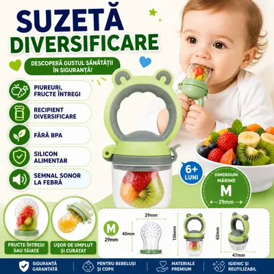 Suzeta pentru diversificarea hranei, pentru fructe si legume, silicon moale, Verde, Marimea M