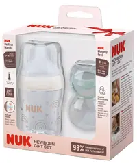 Set cadou Nuk Perfect Match - Biberon Curcubeu, 150 ml + suzete MommyFeel, verde și bej