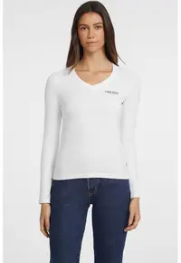 Bluza cu decolteu in V si imprimeu logo - Alb