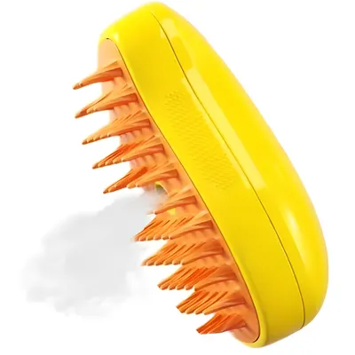 Perie 3 in 1 multifunctionala Engros pentru animale de companie, cu aburi, pulverizare si dozator incorporat, ideala in ingrijirea delicata a pisicilor si eliminarea eficienta a parului cazut, reincarcabila prin USB, Galbena, Fish & Paws®