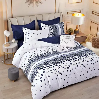 Lenjerie pat dublu, FINET, 6 piese, cu ELASTIC, Jojo Home, Alb-Bleumarin, forme geometrice