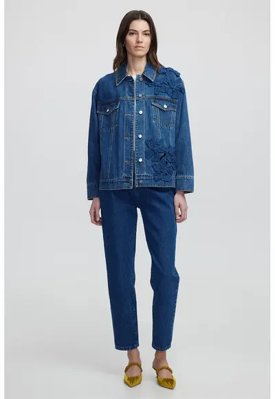 Jacheta lejera din denim cu aplicatii florale - Albastru