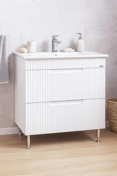 Set Baza front MDF si Lavoar seria 033, cu sertare, montat, 80 cm, alb rustic