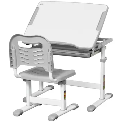 HOMCOM Set Masă și Scaun pentru Copii 6-12 ani, Reglabil pe Înălțime, cu Blat Înclinabil la 45°, 66x47x52-77 cm, Gri | Aosom Romania
