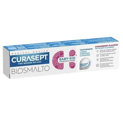 Pasta de dinti fara fluor pentru copii de la 6 luni - 6 ani Biosmalto Baby-Kid, cu aroma de capsuni, Curasept | 50 ml