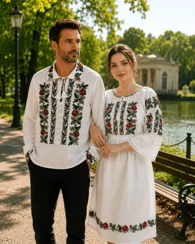 Set Traditional Cuplu 649 Camasa si rochie traditionale cu broderie