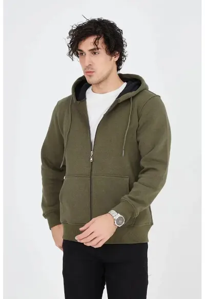 Cardigan barbati - cu gluga si fermoar - verde - bumbac
