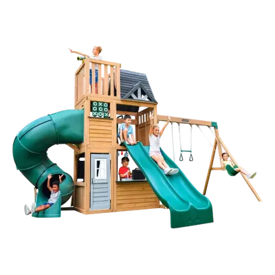 Complex de joaca din lemn, max 9 copii, 3 leagane, 3 tobogane, Summit View, Cedar Summit F29750E