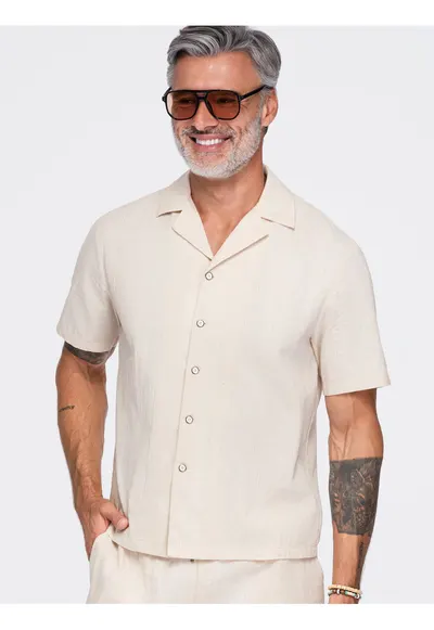 Camasa barbati cu maneca scurta din bumbac - croi boxy - guler cubano OM-SHSS-0221 - Crem