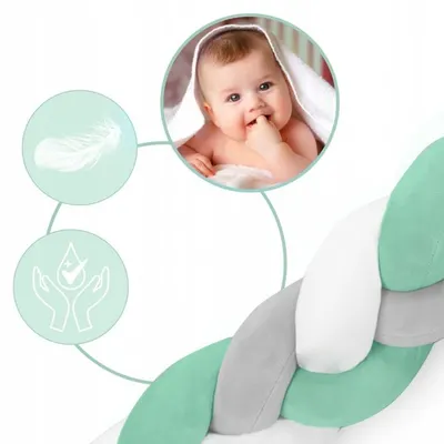 Protectie laterala impletita pentru patut copii Ricokids Trio MintGriAlb 2 metri din material plus cu umplutura antialergica,multifunctionala,lavabila