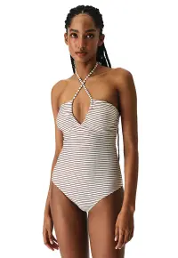 Costum de baie intreg cu dungi - Alb/Maro