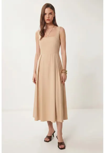 Rochie Midi - Happiness Istanbul - A-line - guler patrat - poliestwqfwqer - Bej Natural