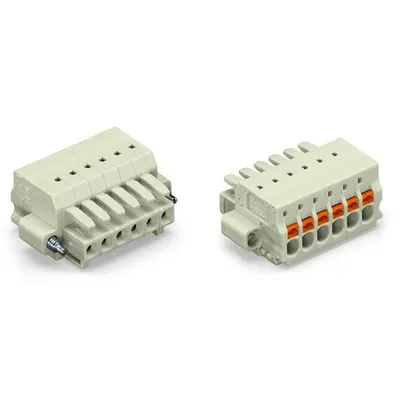 1-conductor female plug; 100% protected against mismating; push-button; Screw flange; 1.5 mm²; Pin spacing 3.5 mm; 7-pole; 1,50 mm²; light gray