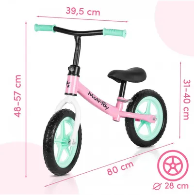 Bicicleta de echilibru fara pedale pentru copii, Malplay Fliki TurquoisePink 12 inch, roti spuma EVA, cu saua si ghidonul reglabile