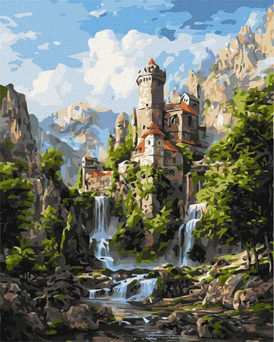 Set pentru pictură după numere Ideyka - Castel pe stânci, 40 x 50 cm