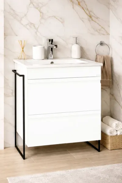 Set Baza front MDF si Lavoar seria 086, cadru metalic, cu sertare, 60 cm, alb