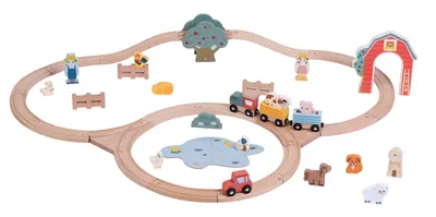 Trenuleț de lemn cu șine Viga Toys PolarB - Fermă, 30 piese