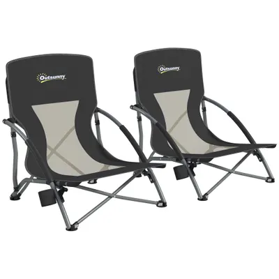 Outsunny Set de 2 Scaune de Plajă Pliabile și Ușoare cu Spătar din Plasă Brațe și Geantă 58x55x62 cm Negru | Aosom Romania