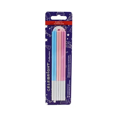 Set 6 lumânări drepte, pentru tort, Celebright, nuanțe pastel roz și albastru, bază albă, 15 cm
