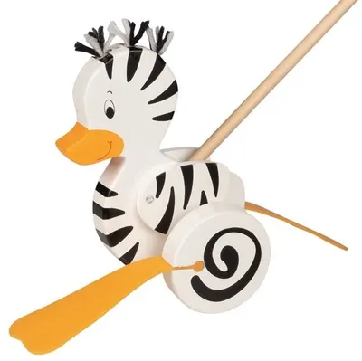 Jucarie din lemn de impins Goki - Ratusca zebra