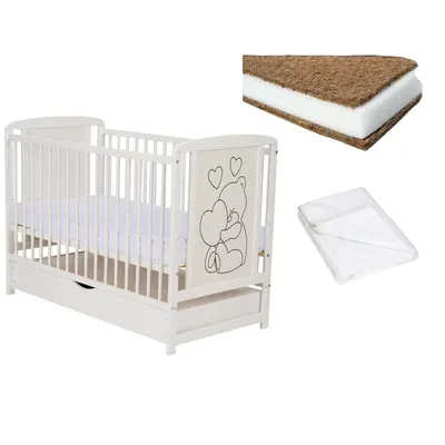 Set Patut din lemn bebe 120x60 cm cu sertar + Saltea Cocos Confort II 120x60 cm + Protectie impermeabila Qmini