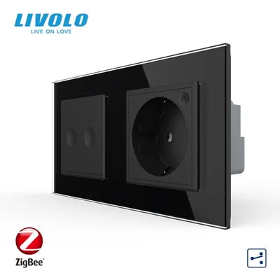 Intrerupator tactil dublu cap/scara Zigbee + priza Schuko Zigbee, generatia noua, cu rama sticla Negru