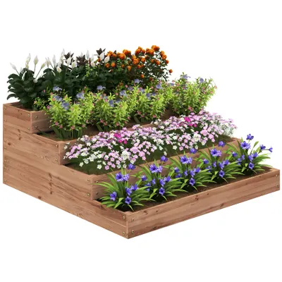 Outsunny Strat Înălțat de Grădină cu 4 Niveluri, Jardinieră de Balcon cu Bază Deschisă și Căptușeală, 113x113x46 cm, Maro | Aosom Romania