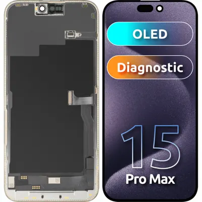 Display cu Touchscreen MP compatibil cu Apple iPhone 15 Pro Max, cu Rama, Versiune OLED FHD Diagnostic, Negru